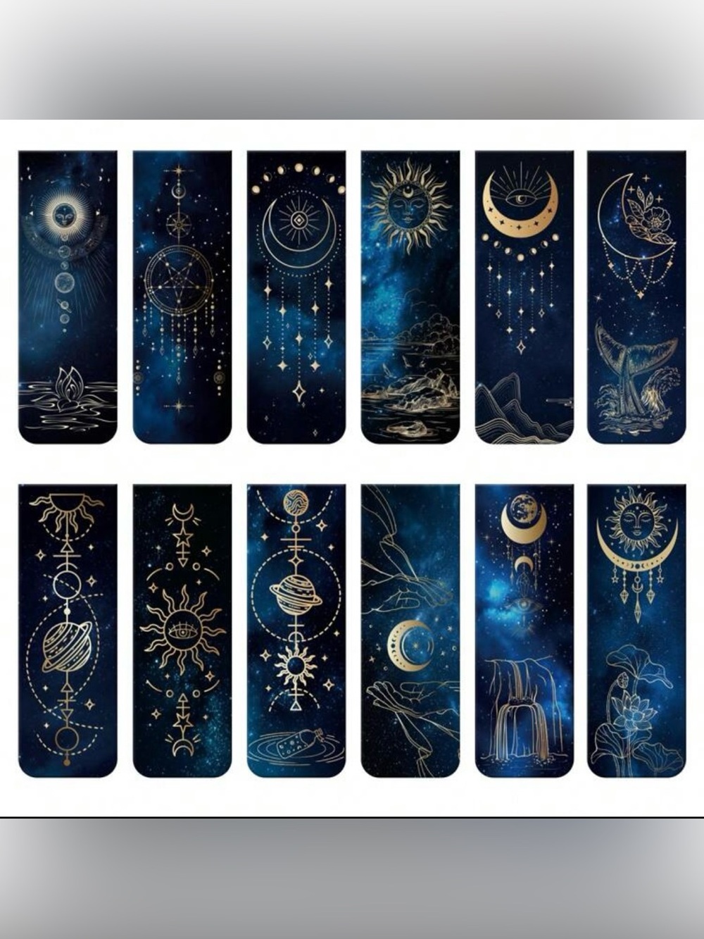 12 Mystic Night Sky Magnetic Bookmarks – Blue & Gold Celestial Moon Stars